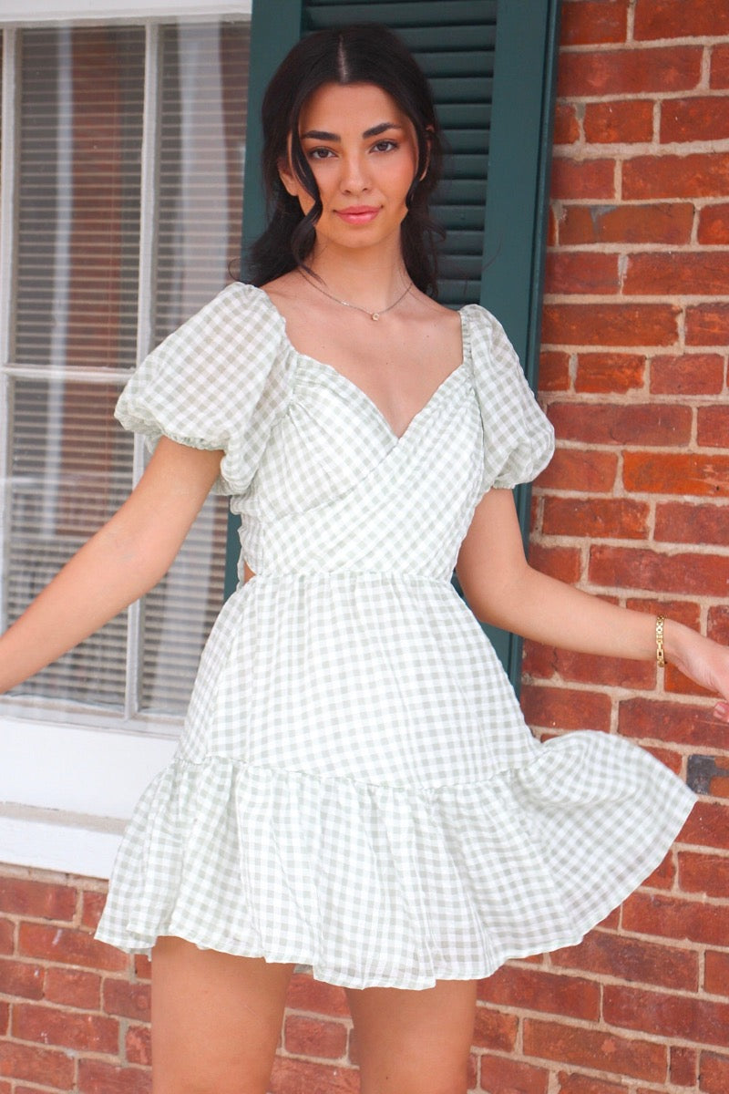 Daydreamer Gingham Puff Sleeve Dress Sage